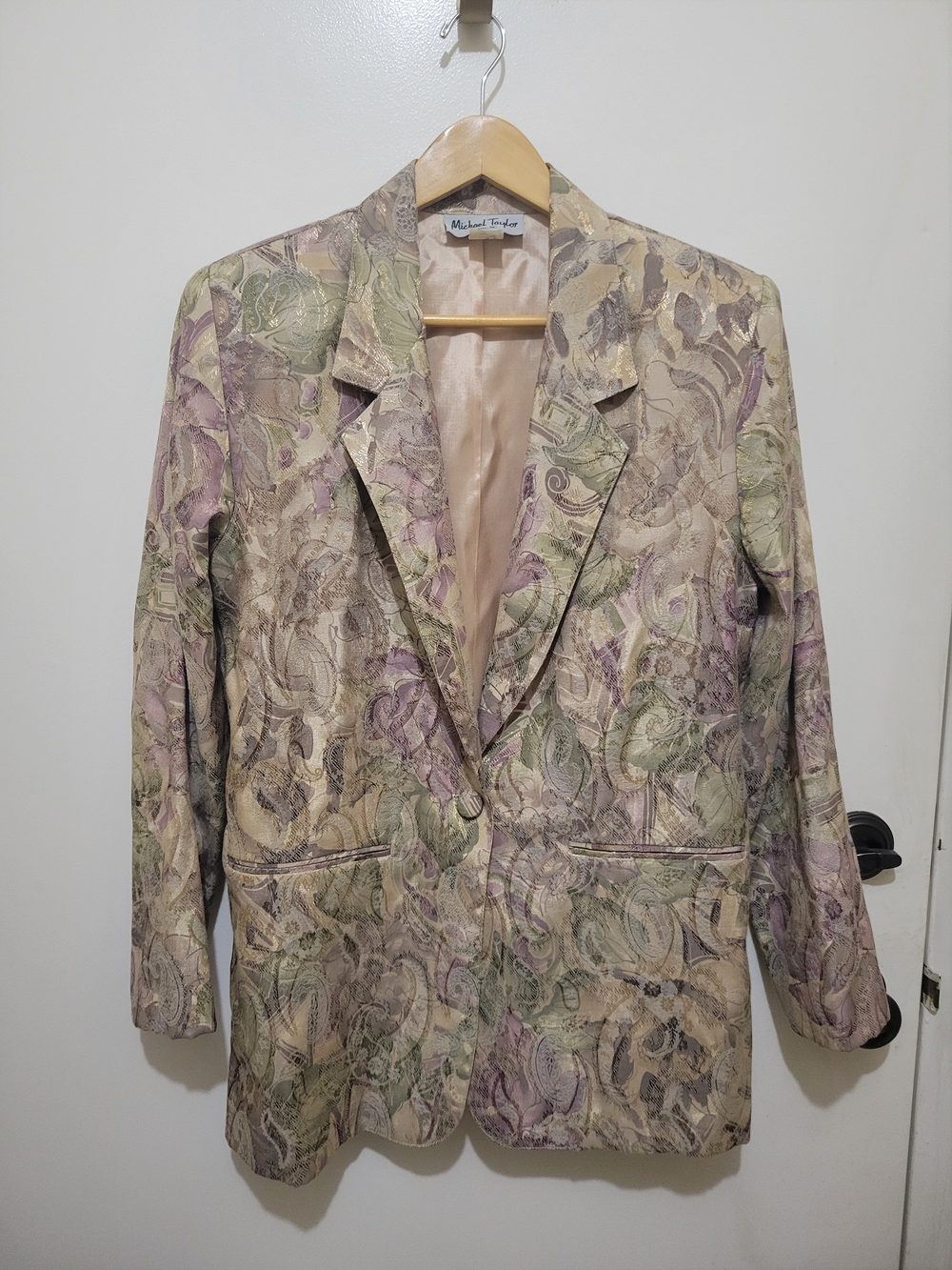 Michael Tyler Womens Beige Floral Tapestry Look Tailored Blazer - Made In USA